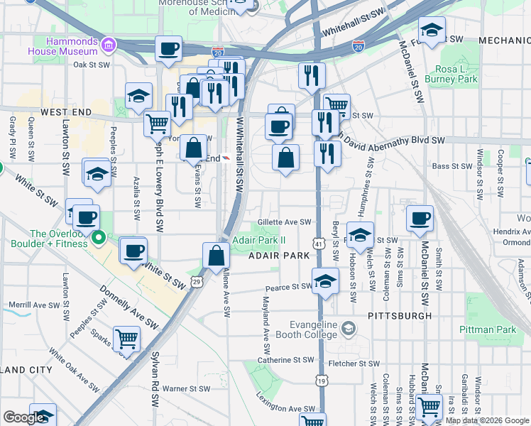 map of restaurants, bars, coffee shops, grocery stores, and more near 798 Lowndes Street Southwest in Atlanta