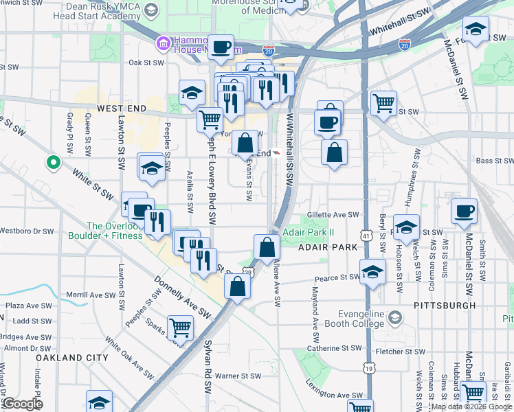 map of restaurants, bars, coffee shops, grocery stores, and more near 836 Beecher Street Southwest in Atlanta