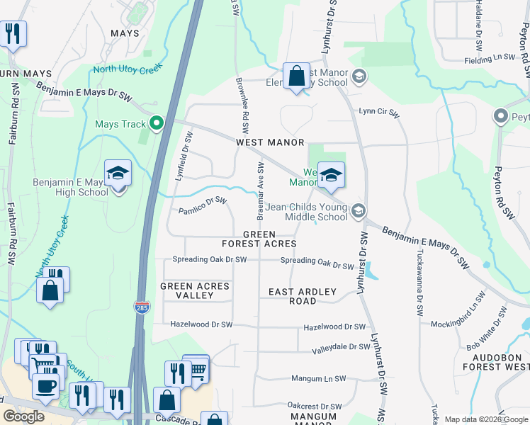 map of restaurants, bars, coffee shops, grocery stores, and more near 812 Braemar Avenue Southwest in Atlanta