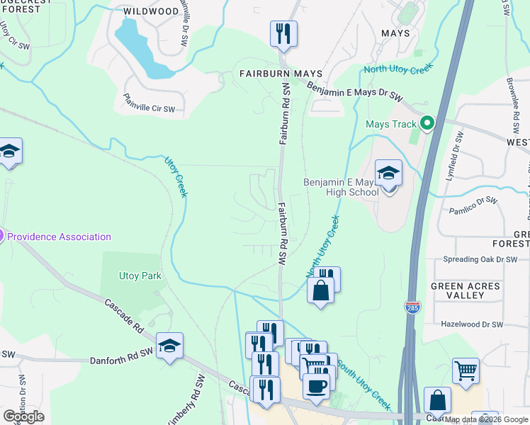 map of restaurants, bars, coffee shops, grocery stores, and more near 3712 Mays Crossing Southwest in Atlanta