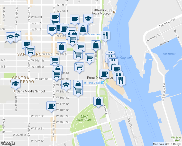 map of restaurants, bars, coffee shops, grocery stores, and more near West 12th Street & South Palos Verdes Street in Los Angeles