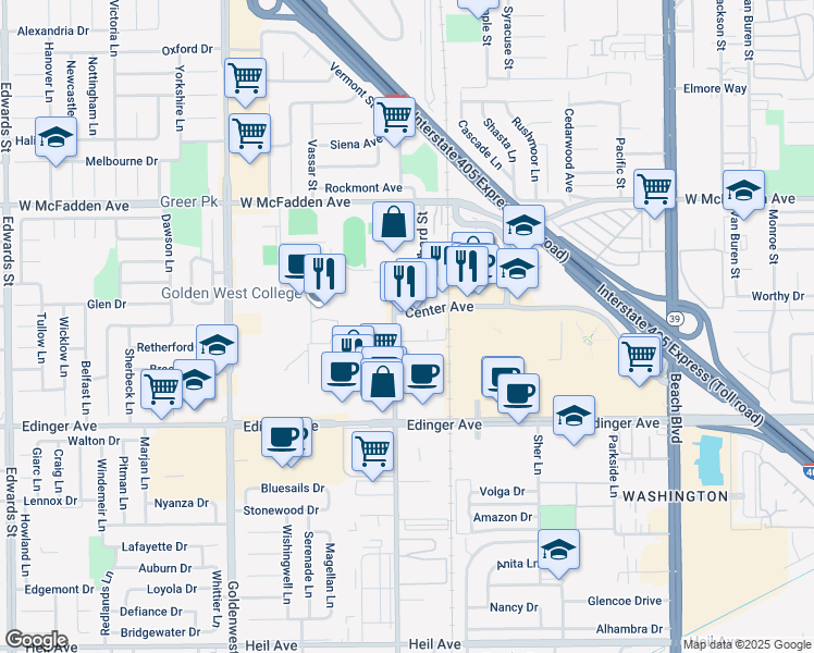 map of restaurants, bars, coffee shops, grocery stores, and more near 7400 Center Avenue in Huntington Beach