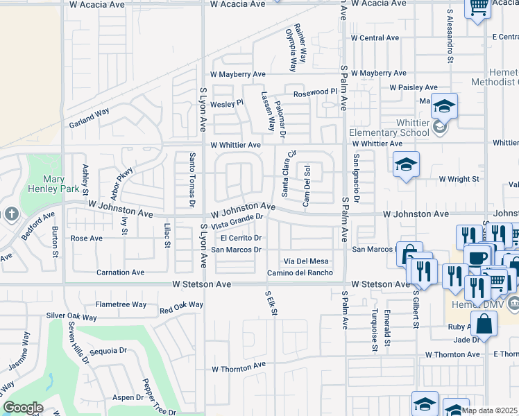 map of restaurants, bars, coffee shops, grocery stores, and more near 1321 West Johnston Avenue in Hemet