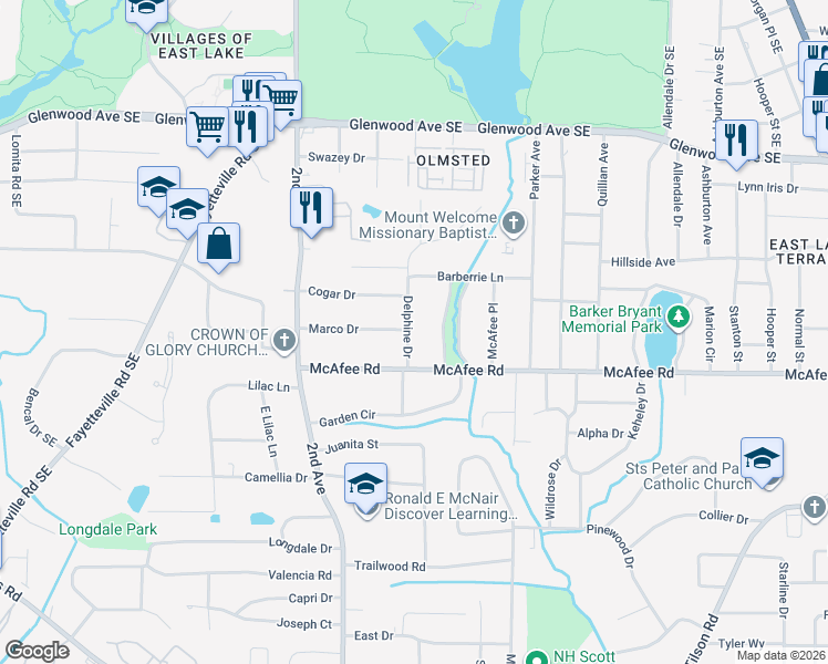 map of restaurants, bars, coffee shops, grocery stores, and more near 1980 Delphine Drive in Decatur