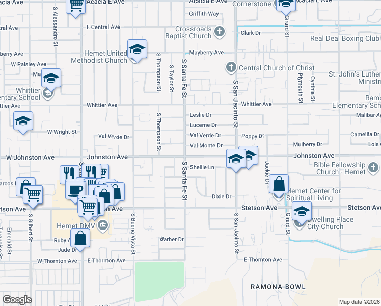 map of restaurants, bars, coffee shops, grocery stores, and more near 925 Val Monte Drive in Hemet