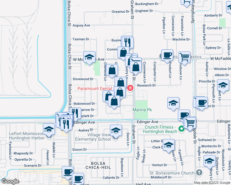 map of restaurants, bars, coffee shops, grocery stores, and more near 5355 Industrial Drive in Huntington Beach