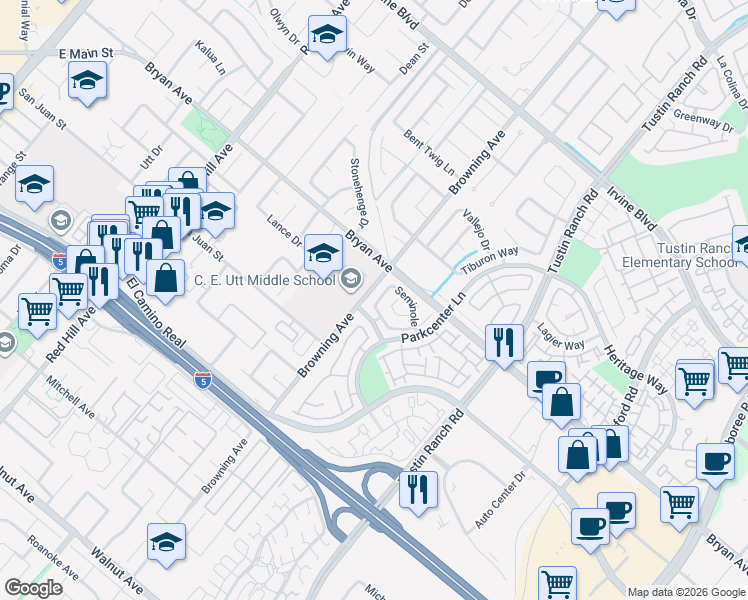 map of restaurants, bars, coffee shops, grocery stores, and more near 13571 Pueblo in Tustin