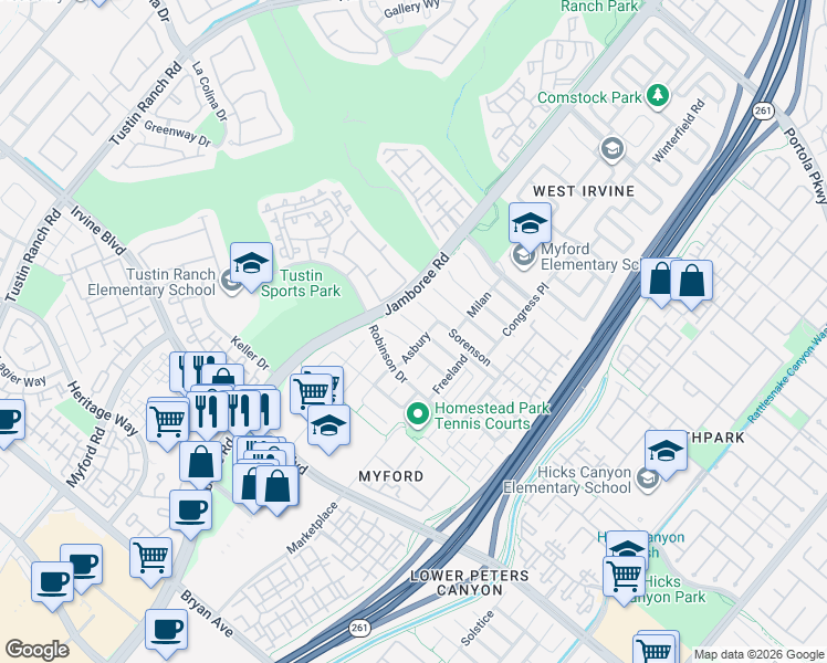 map of restaurants, bars, coffee shops, grocery stores, and more near 19 Granada in Irvine