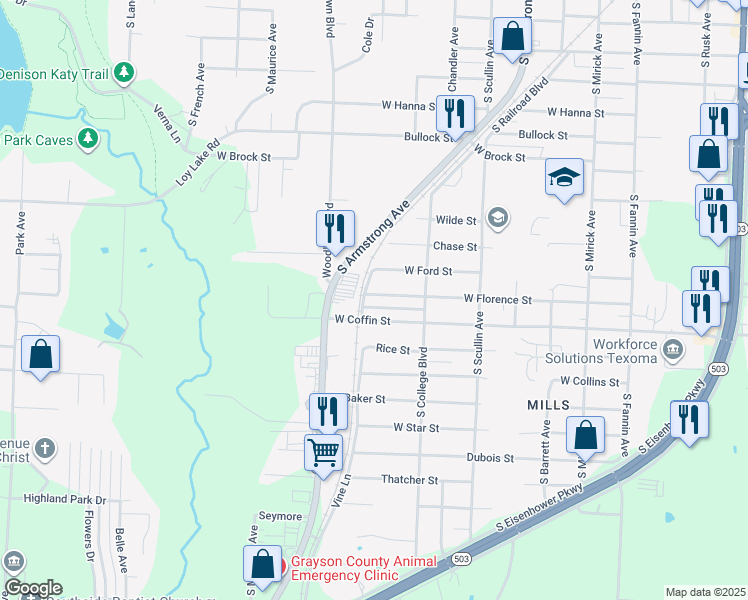 map of restaurants, bars, coffee shops, grocery stores, and more near 1048 West Florence Street in Denison