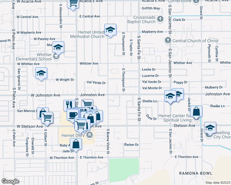 map of restaurants, bars, coffee shops, grocery stores, and more near 592 Johnston Avenue in Hemet