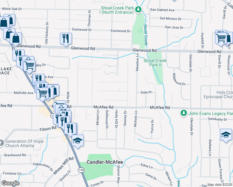 map of restaurants, bars, coffee shops, grocery stores, and more near 2839 Long Way in Decatur