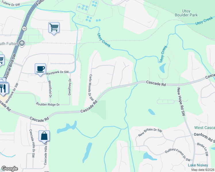 map of restaurants, bars, coffee shops, grocery stores, and more near 110 Louise Terrace Southwest in Atlanta