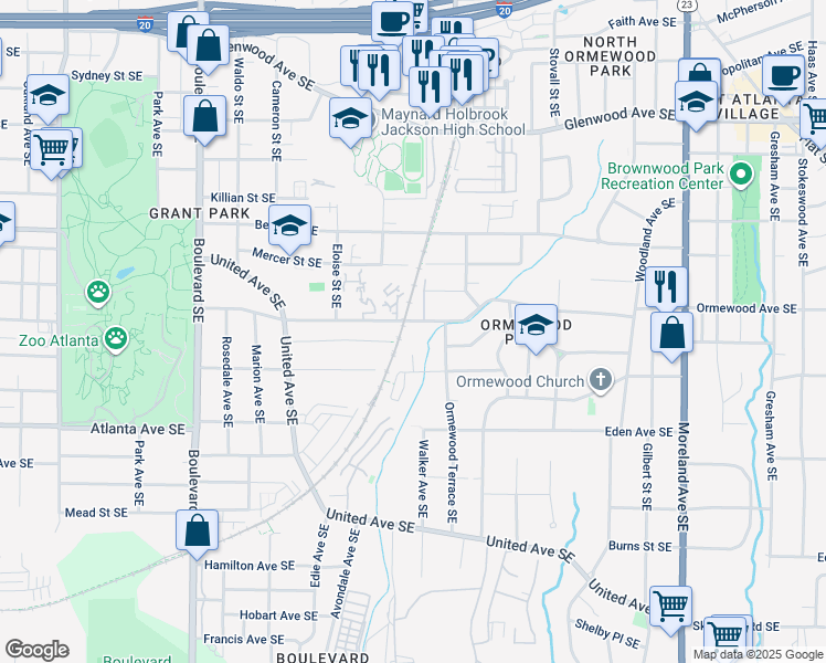 map of restaurants, bars, coffee shops, grocery stores, and more near 845 Ormewood Avenue Southeast in Atlanta