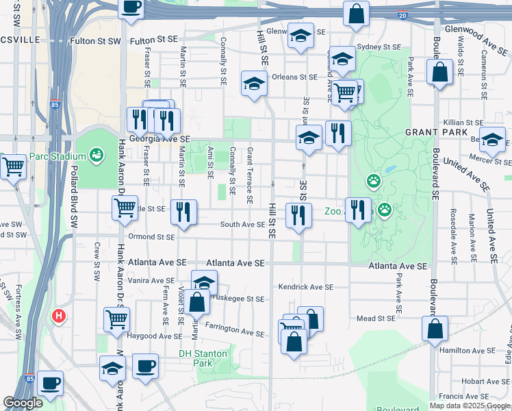 map of restaurants, bars, coffee shops, grocery stores, and more near 771 Woodson Street Southeast in Atlanta