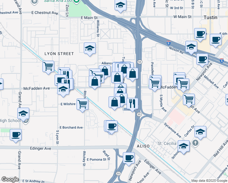 map of restaurants, bars, coffee shops, grocery stores, and more near 2110 East McFadden Avenue in Santa Ana
