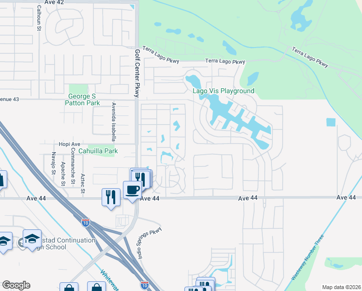 map of restaurants, bars, coffee shops, grocery stores, and more near 84136 Avenue 44 in Indio