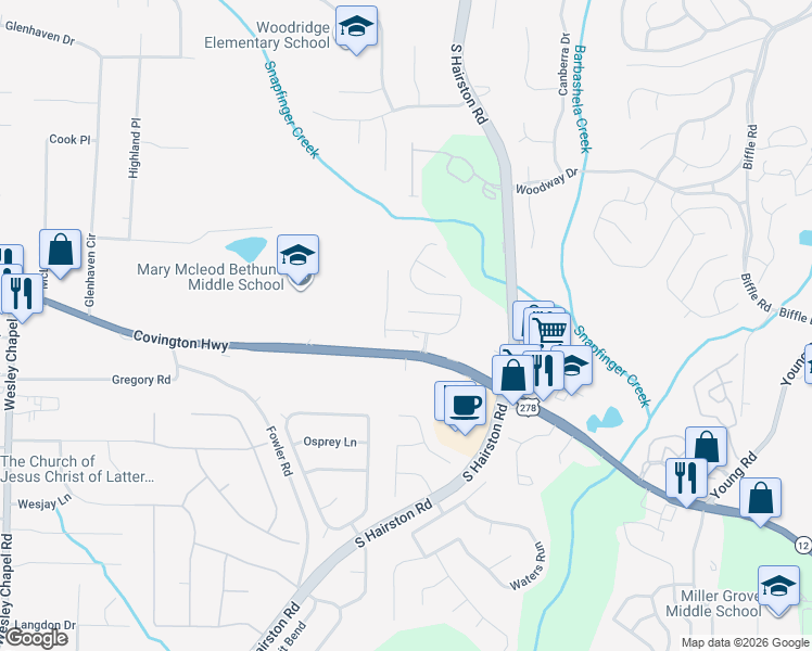 map of restaurants, bars, coffee shops, grocery stores, and more near 4619 Grand Central Parkway in Decatur