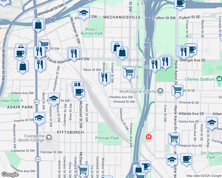 map of restaurants, bars, coffee shops, grocery stores, and more near 789 Cooper Street Southwest in Atlanta