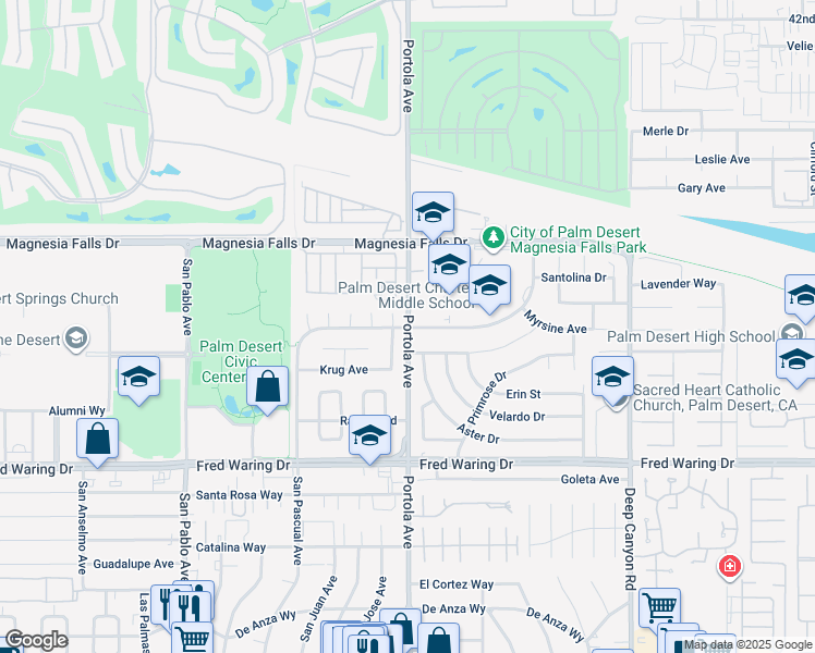 map of restaurants, bars, coffee shops, grocery stores, and more near 74100 Rutledge Way in Palm Desert