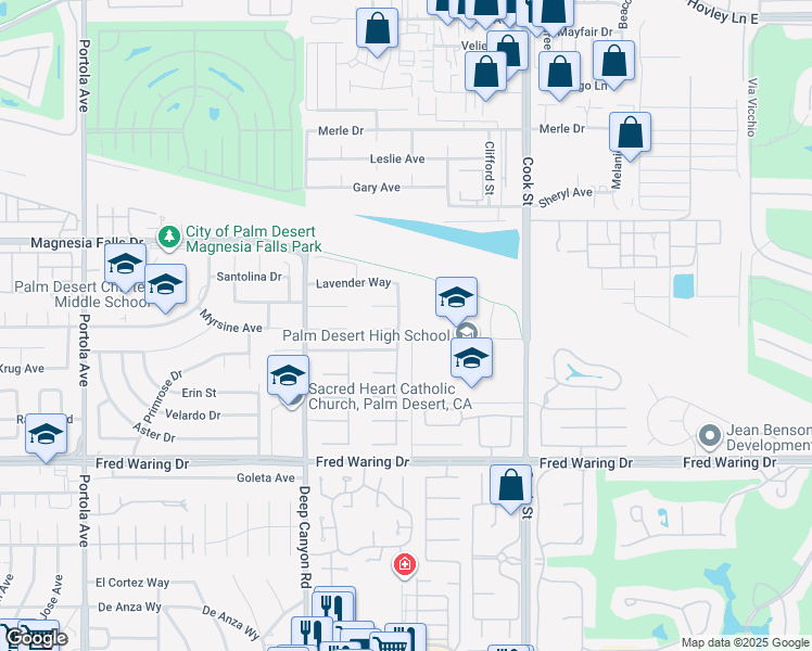 map of restaurants, bars, coffee shops, grocery stores, and more near 43412 Amaryllis Way in Palm Desert