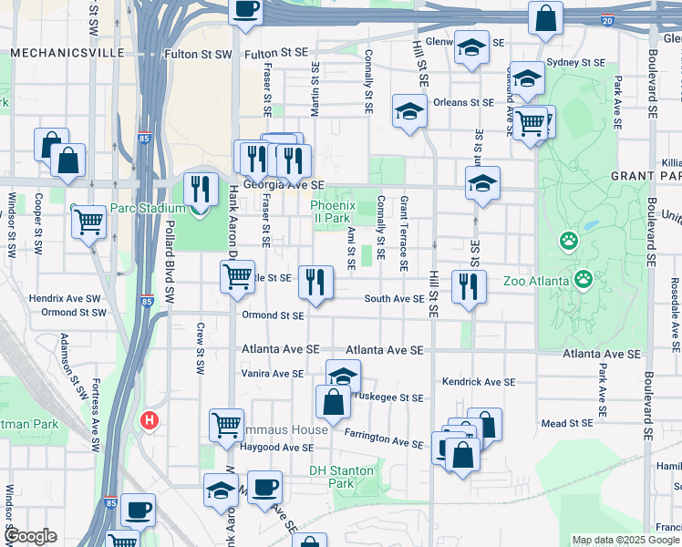 map of restaurants, bars, coffee shops, grocery stores, and more near 154 Little Street Southeast in Atlanta