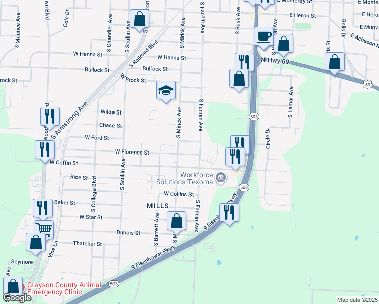 map of restaurants, bars, coffee shops, grocery stores, and more near 507 West Florence Street in Denison