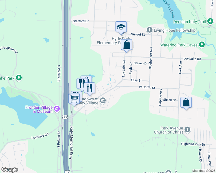 map of restaurants, bars, coffee shops, grocery stores, and more near 2901 Loy Lake Road in Denison