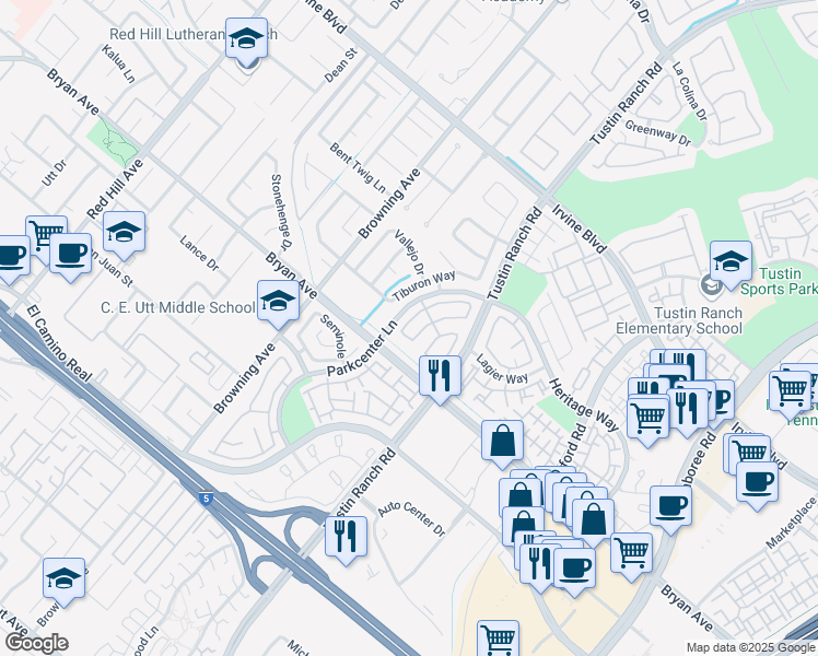 map of restaurants, bars, coffee shops, grocery stores, and more near 13422 Montecito in Tustin