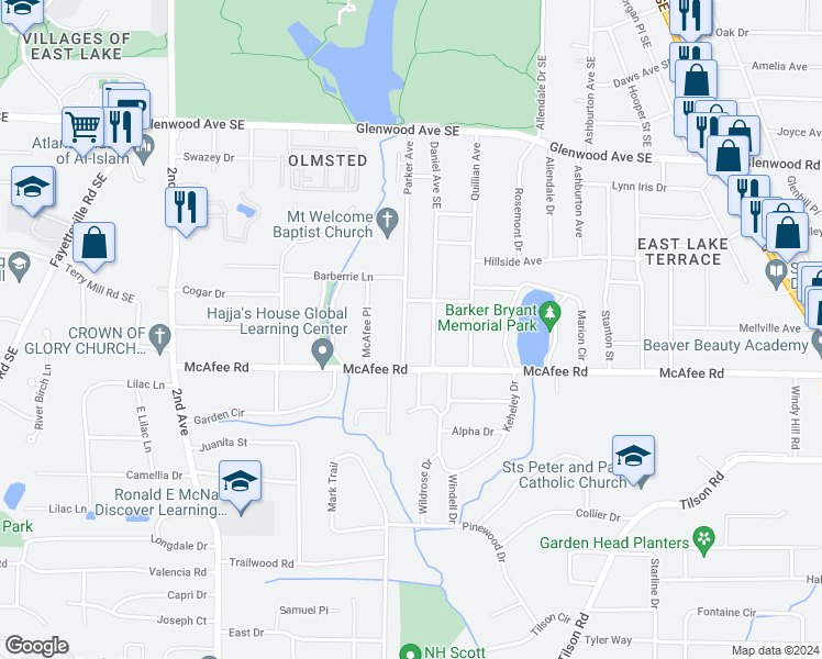 map of restaurants, bars, coffee shops, grocery stores, and more near 666 Parker Avenue in Decatur