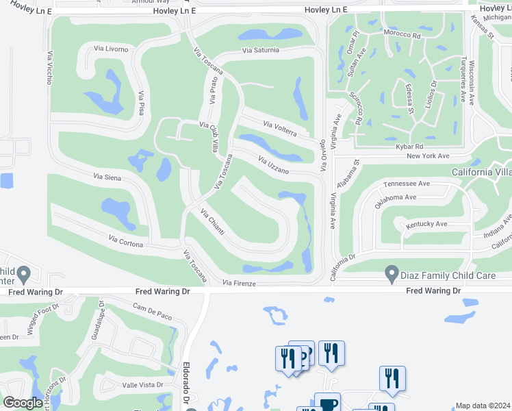 map of restaurants, bars, coffee shops, grocery stores, and more near 76476 Via Chianti in Indian Wells
