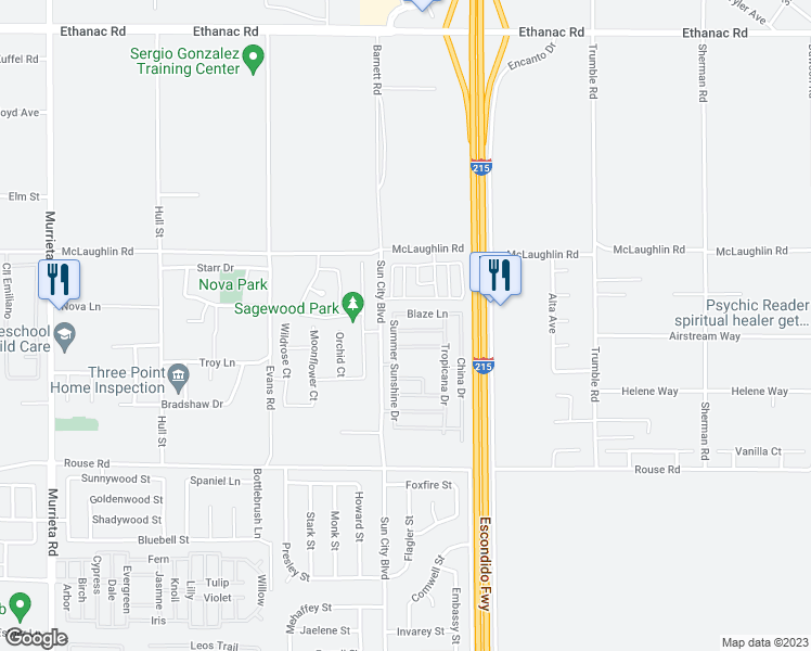 map of restaurants, bars, coffee shops, grocery stores, and more near 27812 Ruggie Road in Menifee