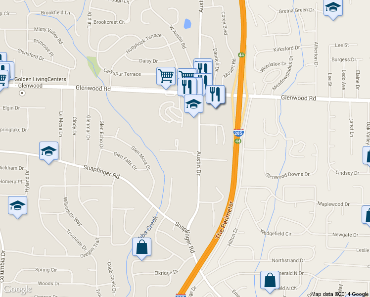 map of restaurants, bars, coffee shops, grocery stores, and more near 3846 Austin Park Lane in Decatur