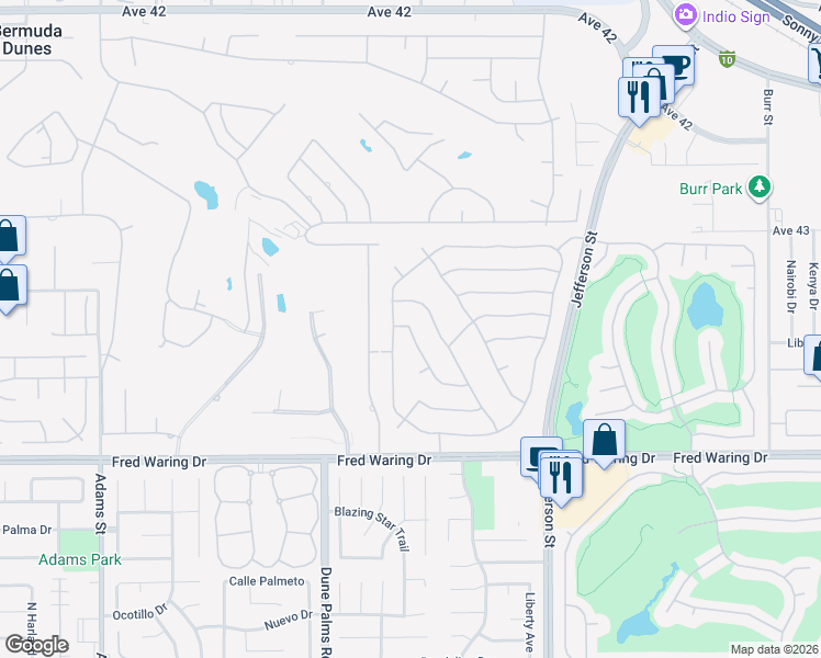 map of restaurants, bars, coffee shops, grocery stores, and more near 43425 Calle Espada in La Quinta