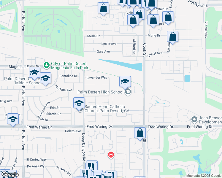 map of restaurants, bars, coffee shops, grocery stores, and more near 43412 Amaryllis Way in Palm Desert