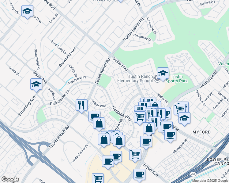 map of restaurants, bars, coffee shops, grocery stores, and more near 2492 San Simon Street in Tustin