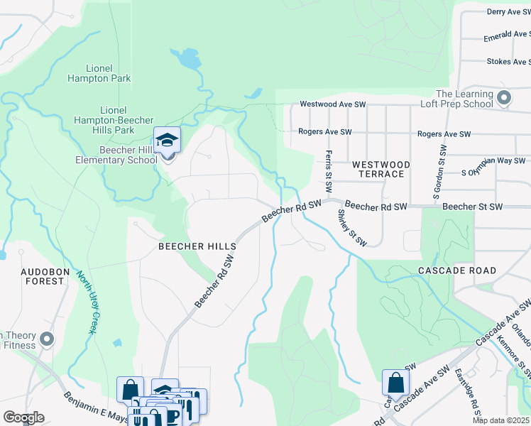 map of restaurants, bars, coffee shops, grocery stores, and more near 2121 Beecher Road Southwest in Atlanta