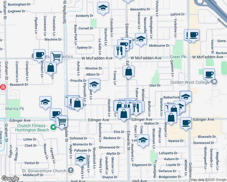 map of restaurants, bars, coffee shops, grocery stores, and more near 6391 Sligo Circle in Huntington Beach