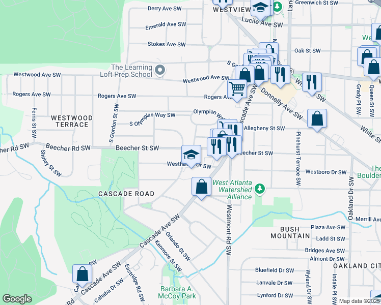 map of restaurants, bars, coffee shops, grocery stores, and more near 1630 Beecher Street Southwest in Atlanta