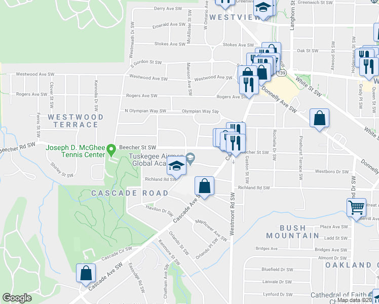 map of restaurants, bars, coffee shops, grocery stores, and more near 1630 Beecher St SW in Atlanta