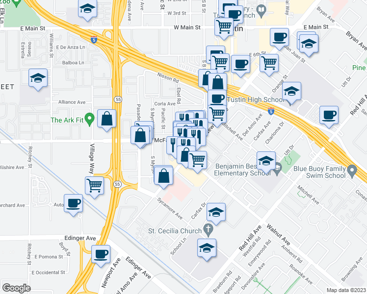map of restaurants, bars, coffee shops, grocery stores, and more near 17292 East McFadden Avenue in Tustin