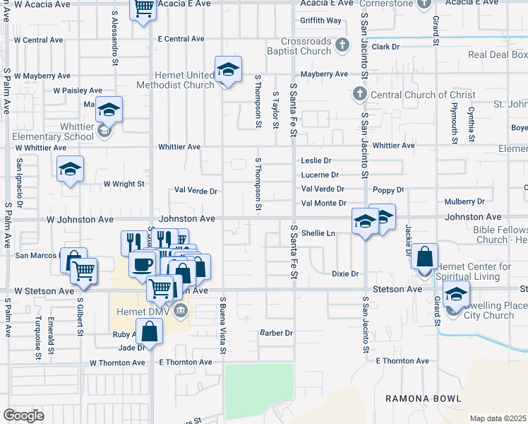 map of restaurants, bars, coffee shops, grocery stores, and more near 700 Johnston Avenue in Hemet