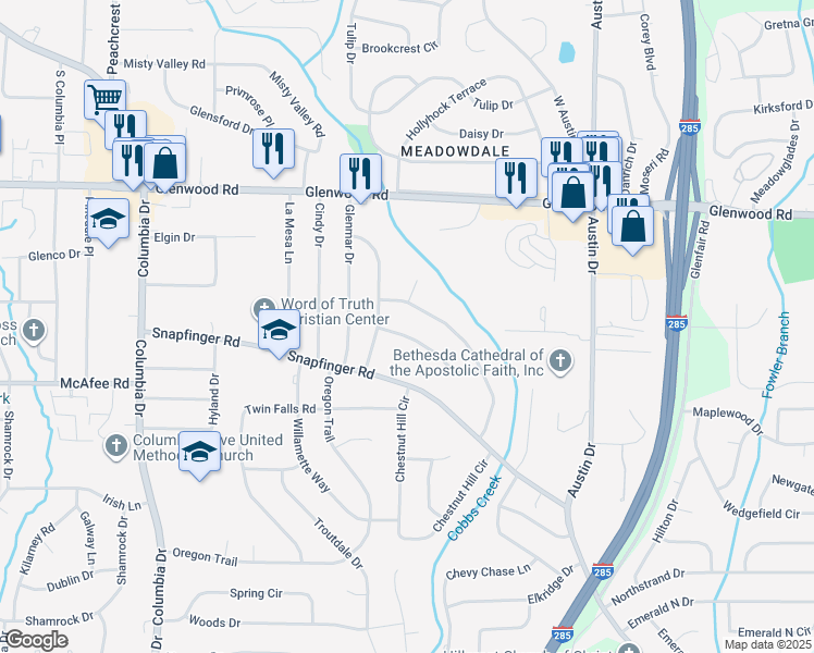 map of restaurants, bars, coffee shops, grocery stores, and more near 3620 Glen Falls Dr in Decatur