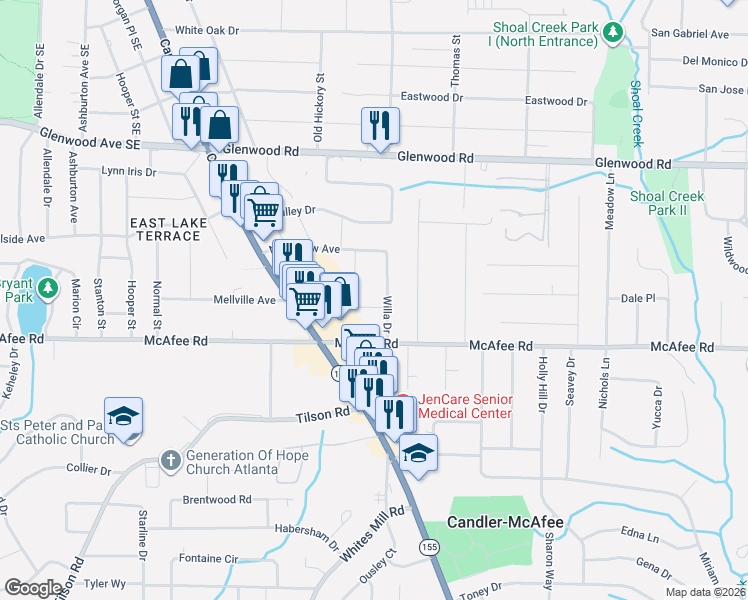 map of restaurants, bars, coffee shops, grocery stores, and more near in Candler-McAfee