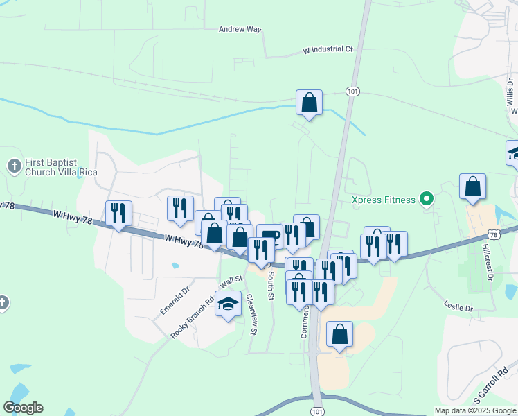 map of restaurants, bars, coffee shops, grocery stores, and more near 961 West Bankhead Highway in Carrollton