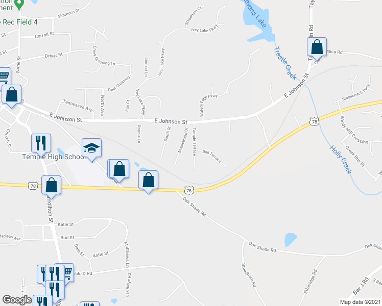 map of restaurants, bars, coffee shops, grocery stores, and more near 225 Temple Terrace in Temple