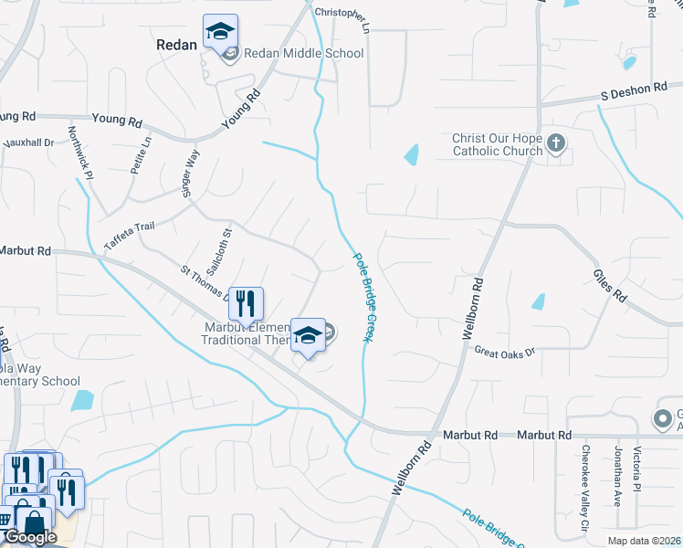 map of restaurants, bars, coffee shops, grocery stores, and more near 5812 Calico Court in Lithonia