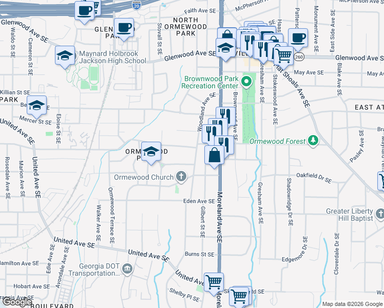 map of restaurants, bars, coffee shops, grocery stores, and more near 760 Woodland Avenue Southeast in Atlanta