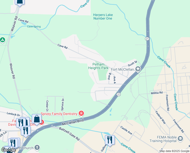 map of restaurants, bars, coffee shops, grocery stores, and more near 80 1st Avenue in Anniston