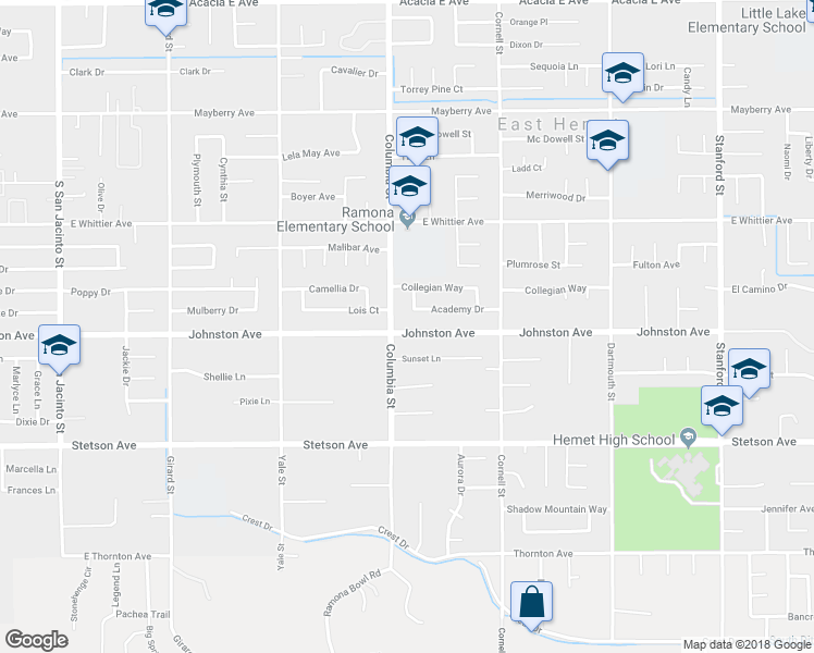 map of restaurants, bars, coffee shops, grocery stores, and more near 41024 Johnston Avenue in Hemet
