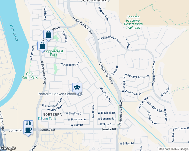 map of restaurants, bars, coffee shops, grocery stores, and more near 27411 North Gidiyup Trail in Phoenix